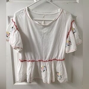ANTHROPOLOGIE SZ XXS COTTAGE CORE KNIT PEASANT TOP FLOWERS PEPLUM GUC WOMENS